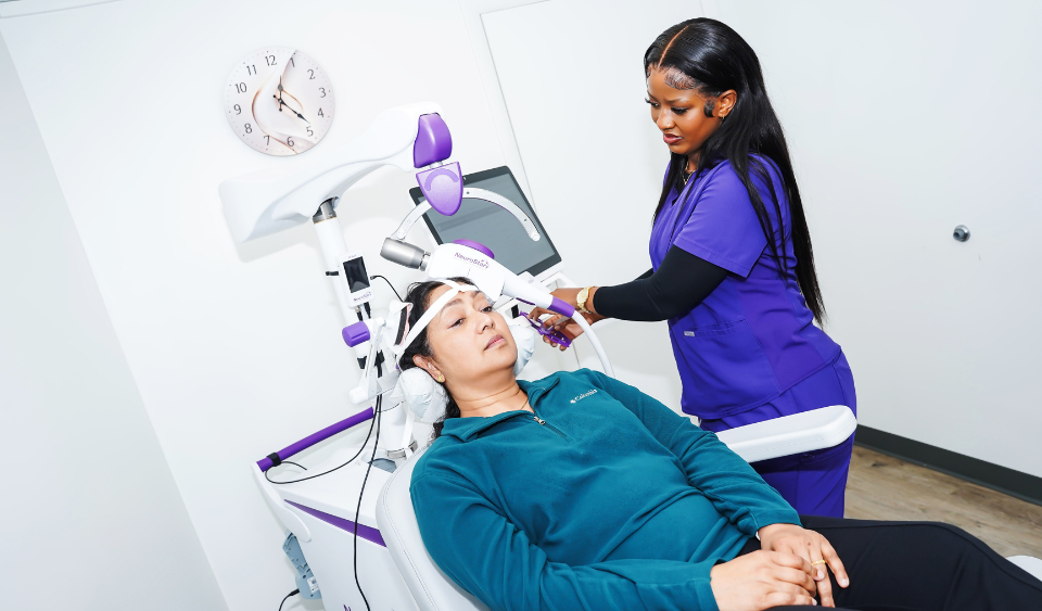 Patient receiving NeuroStar TMS therapy for depression at MindBodyPinnacle Health in Maryland